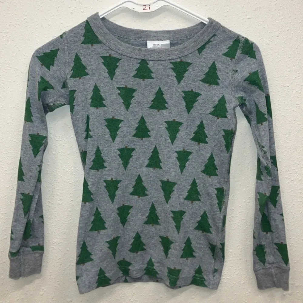 Hanna Andersson Gray & Green Christmas Tree Pattern Kids Pajama Shirt Sz 8/130cm